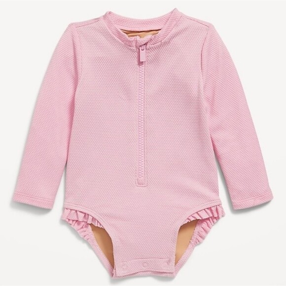 🎉5 For $10🎉 - Old Navy Size 6-12 M Pink Zip-Front Rashguard One-Piece Swimsuit - Picture 1 of 4